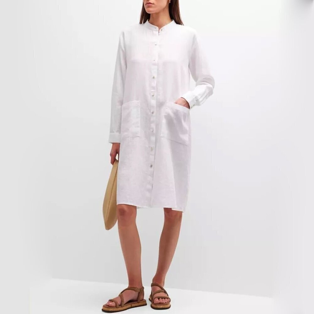 NEW Eileen Fisher Sz Medium White Organic Linen Mandarin Collar Button Pocket Dr